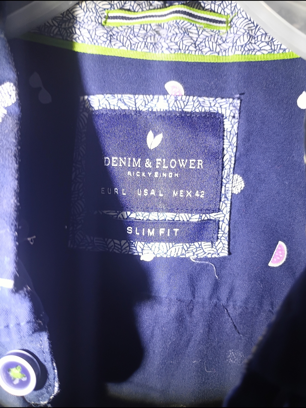 Denim & Flower Men's Large Slim Fit Navy Blue Tropical Short Sleeve Shirt - Picture 5 of 8